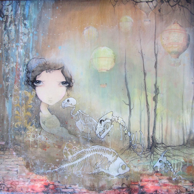 limited edition fine art wall print.  skeleton, hot air balloon, big eyed girl painting on wood with resin