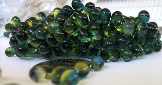4x5mm Capri Blue Olive Green Czech Glass Tear Drop Fringe Beads, 20 Beads