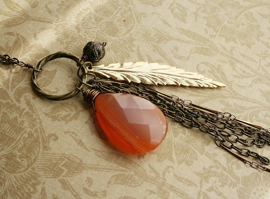Orange Carnelian Necklace, Gold Feather, Brass, Teardrop