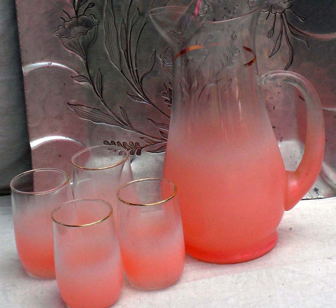 Blendo Pitcher Tumbler Set Flamingo Pink West Virginia Glass Vintage 1960s Bar or Kitchen Ware