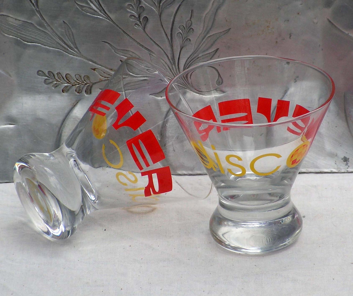 Disco Fever Low Ball Manhattan Glasses American Vintage Barware 1970s Old Fashioned