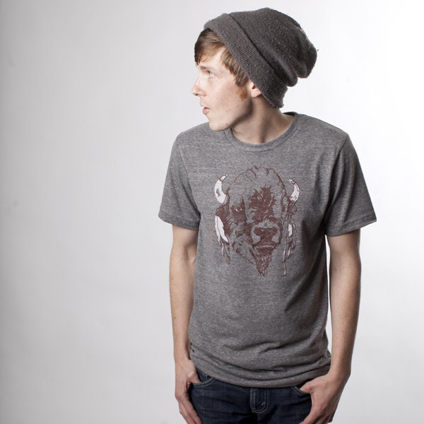 Buffalo Mens Tshirt, Screenprinted Tshirt, Triblend Grey, Native American Animal