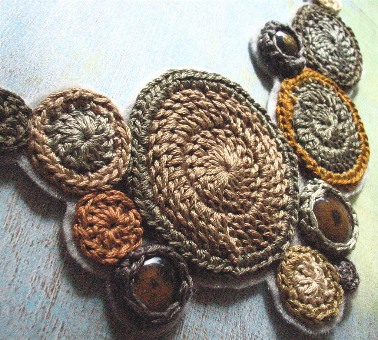 CUSTOM driftwood .bib necklace. handmade crochet jewelry by Even Howard, glass, grey, taupe, steel, sand - nadene