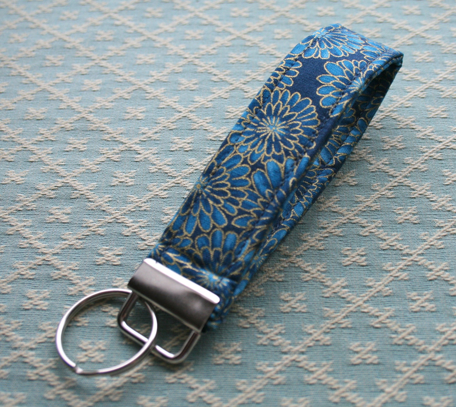 Blue Floral Fabric Key Chain, Wristlet Keychain