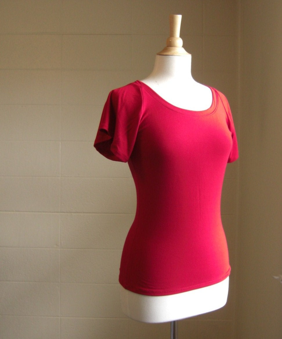 Womens Red Shirt scoop neck with Short Flutter Sleeves - Ready to Ship in size Medium