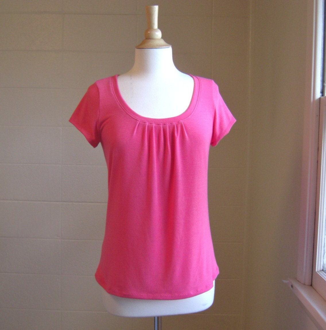 Womens Short Sleeve pleated scoop neck Tshirt - Made to Order