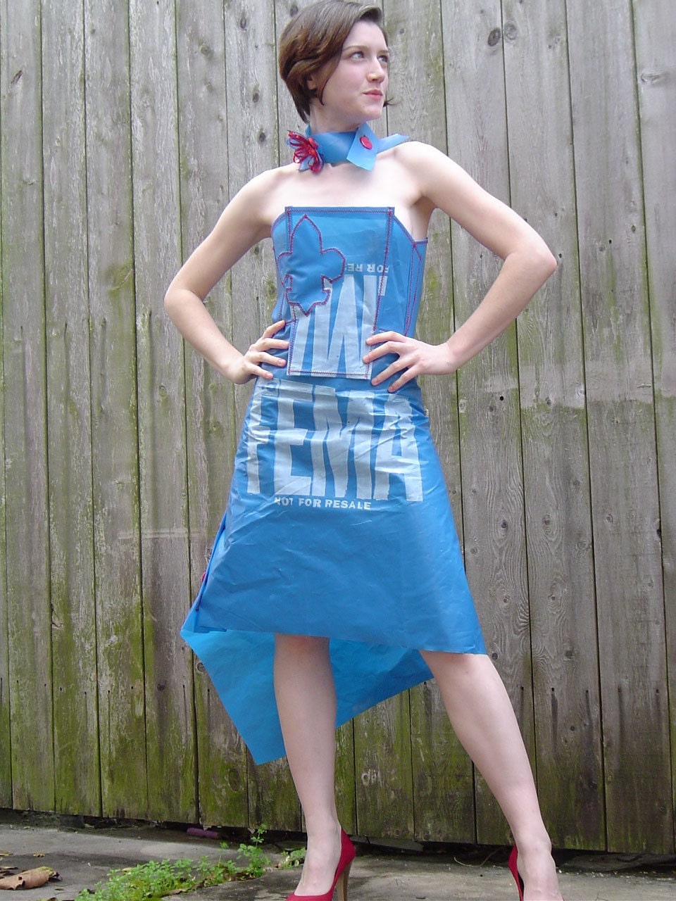 Recycled FEMA Blue Tarp Bustier and Skirt with Flower Choker