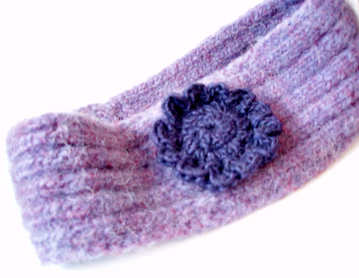 Lavender Knit Headband with Crochet Purple Flower