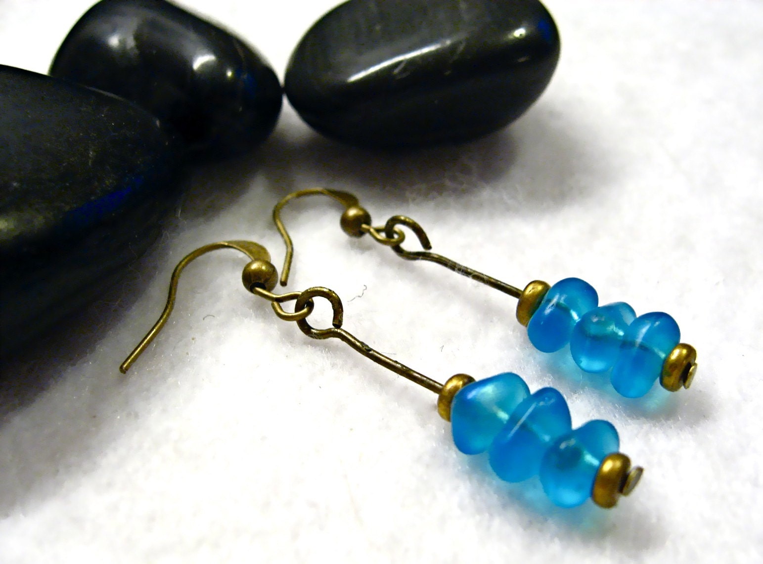 SALE Island Sea Ocean Wave Blue Beads, Antique Gunmetal Brass Earrings