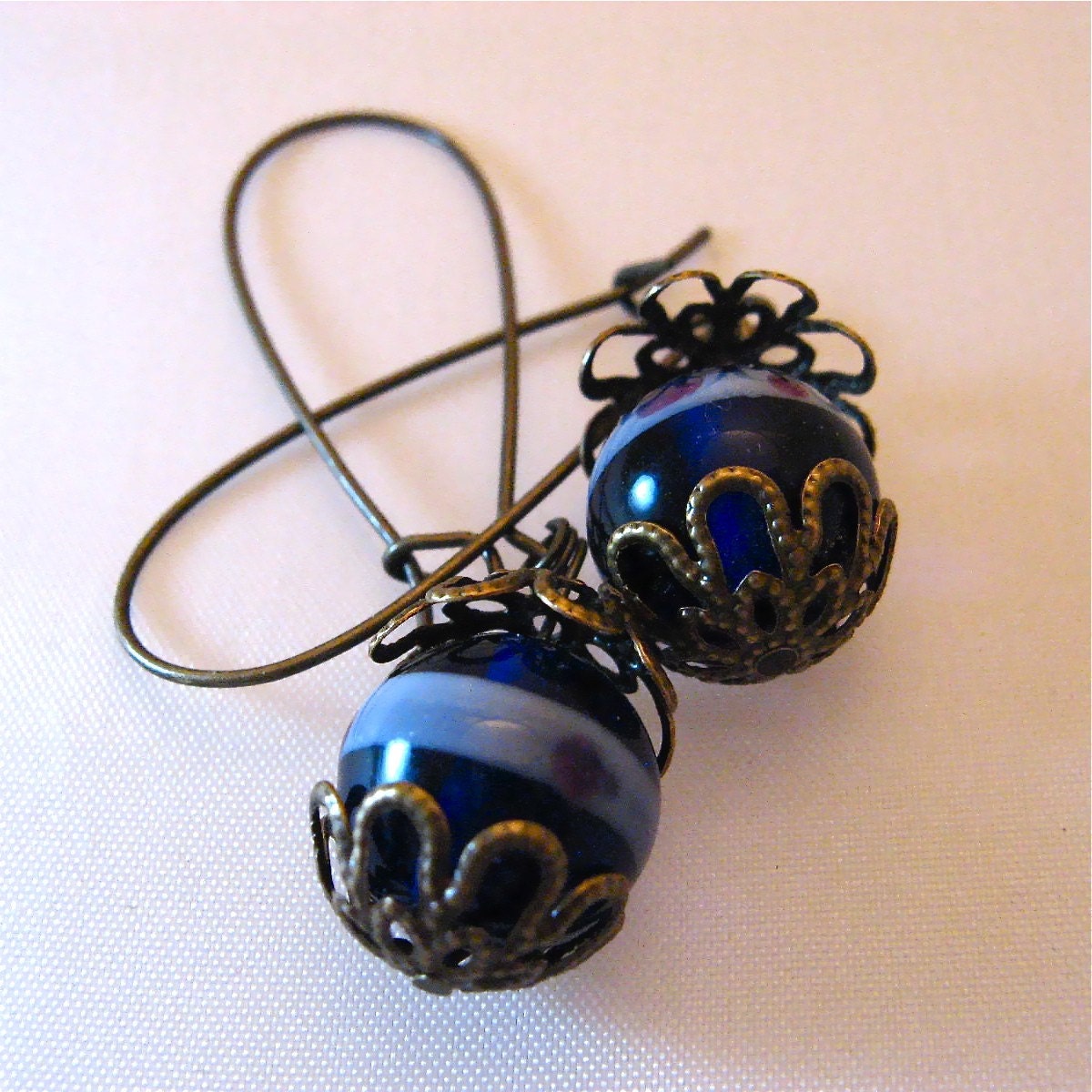 BOGO FREE (Sale BIN) Antique Bronze Navy Blue Lampwork Glass Bead Earrings