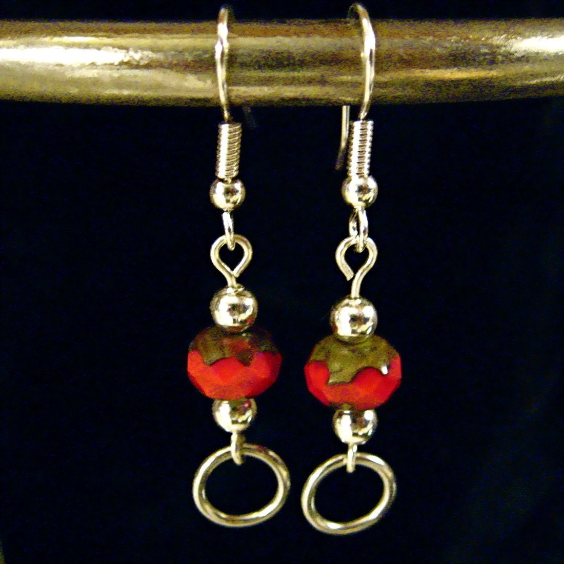 Candy Apple Red Czech Silver Link Earrings (E166)