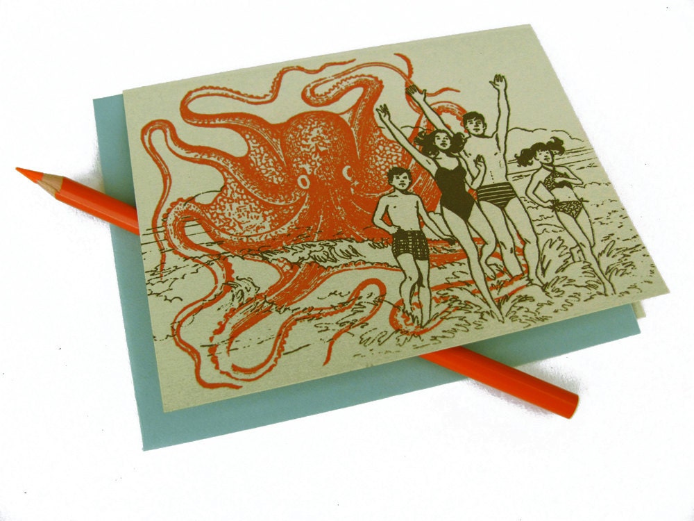 Octopus Beach Party- Print Gocco screenprinted folded card