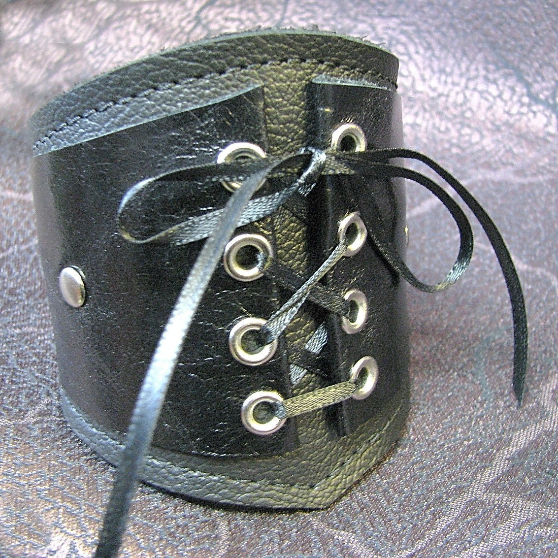 Leather Corset Cuff with Secret Pocket - Black Patent on Black