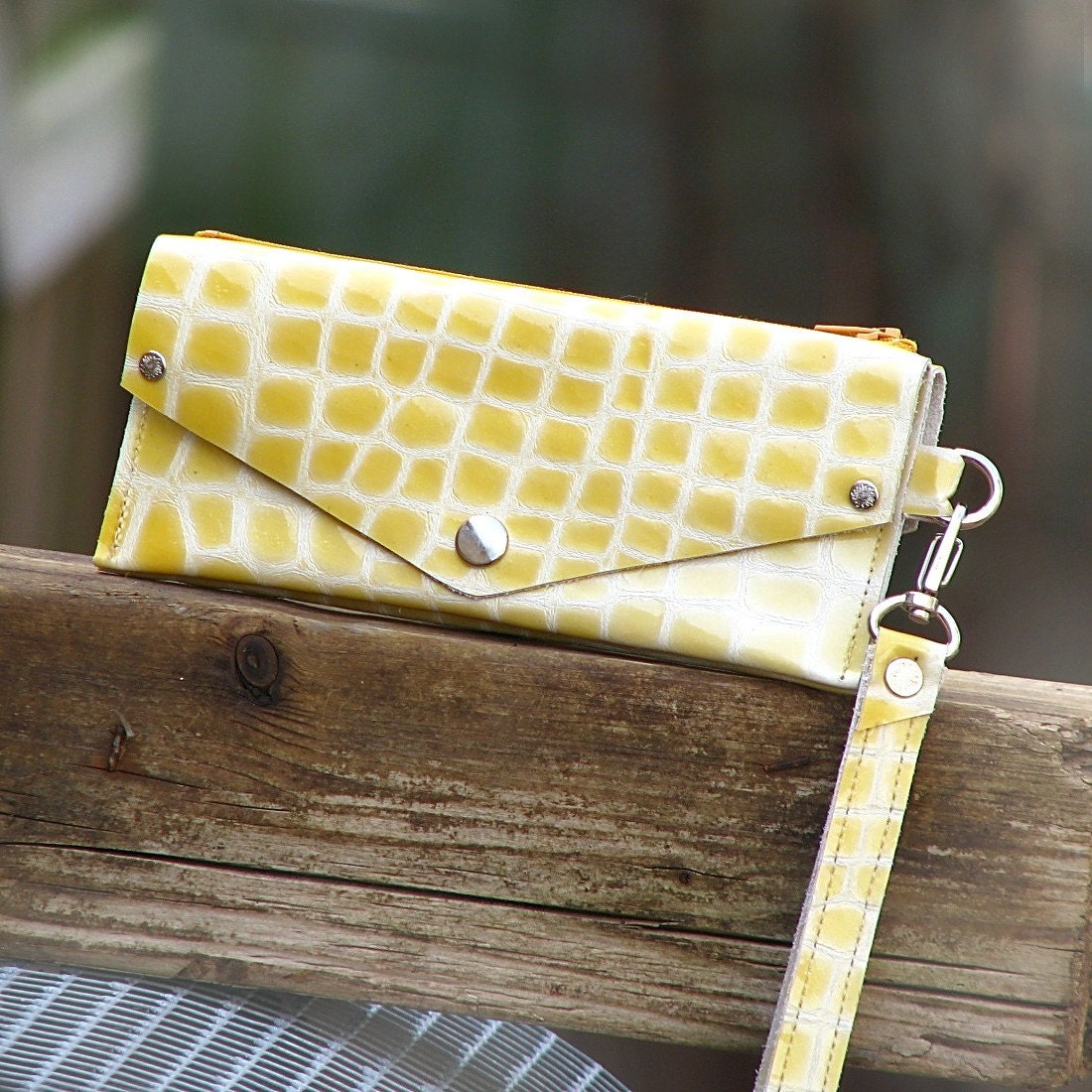Women's Grab-N-Go Leather Wallet Wristlet with Zippered Coin Purse - Patent Yellow