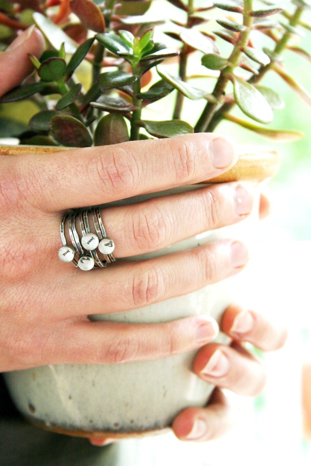 custom date ring stack in recycled silver
