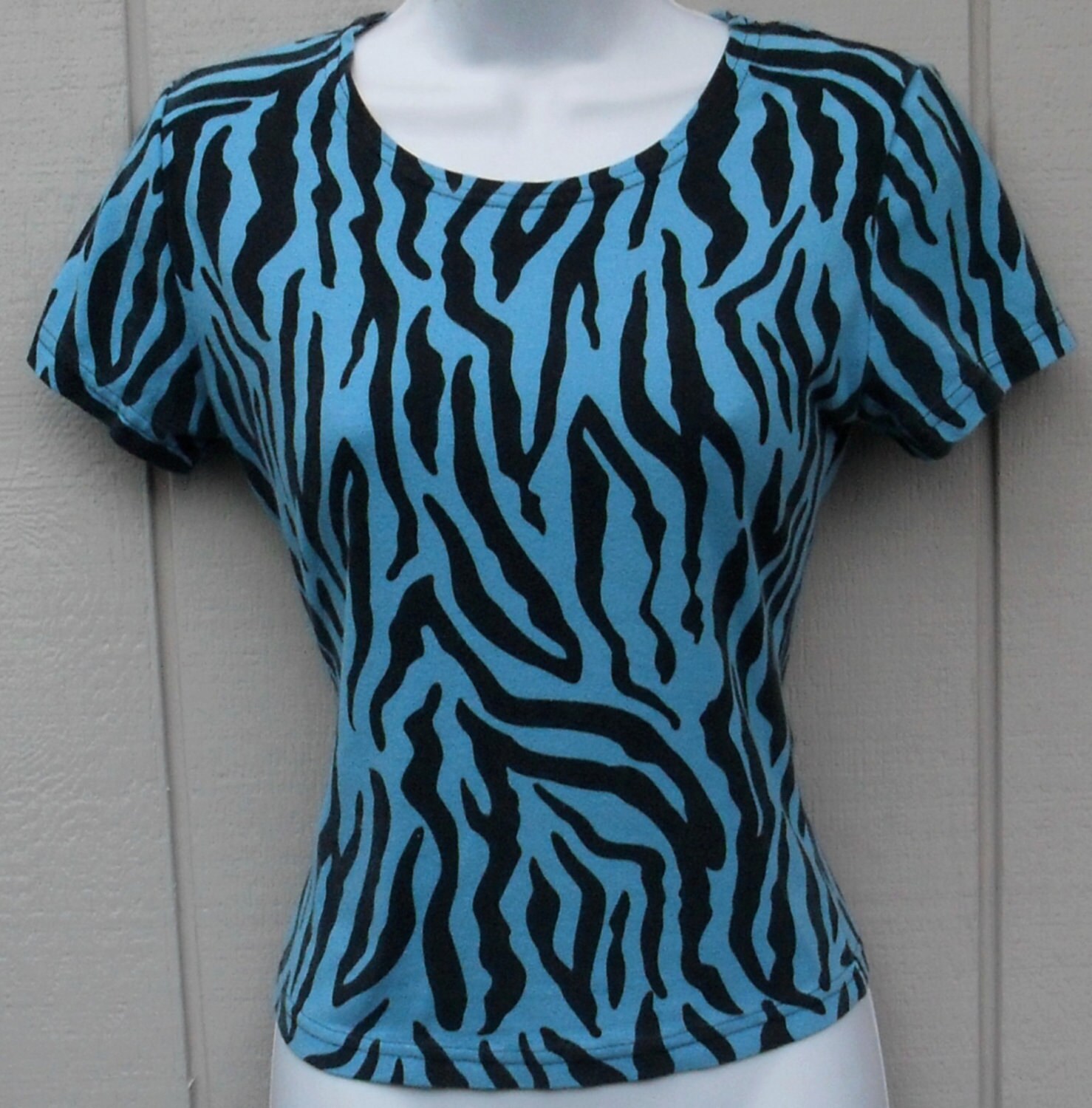 80s zebra print top blue zebra animal print knit tee by BetseyDo