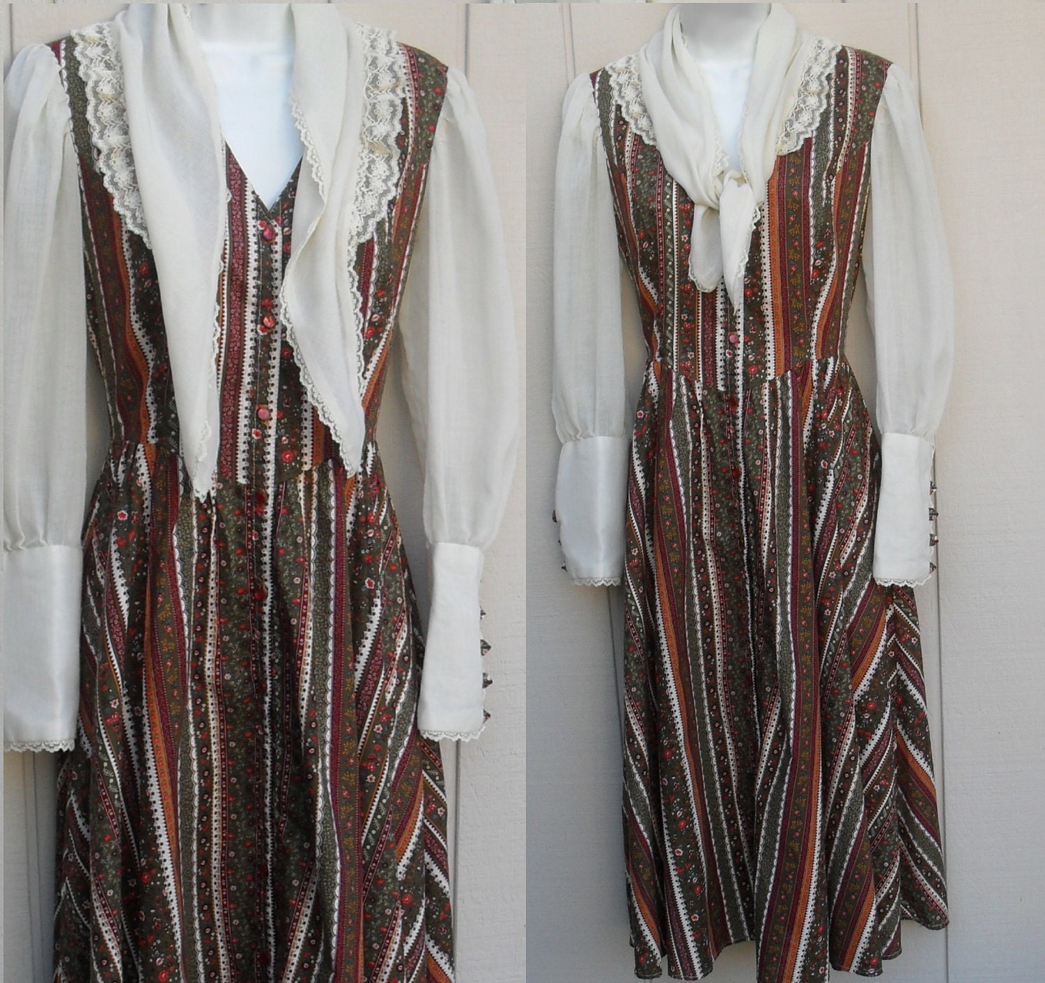 RESERVED vintage 70s Calico prairie dress with Sheer cotton voile sleeves size med