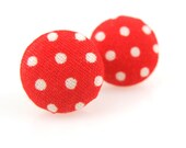 Button Earrings, Tomato Red and White Polka Dots, Covered Buttons