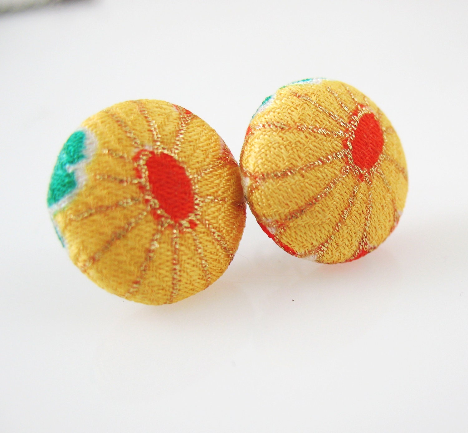 Kimono Earrings, Bright Yellow Handmade Covered Button Fiber Jewelry