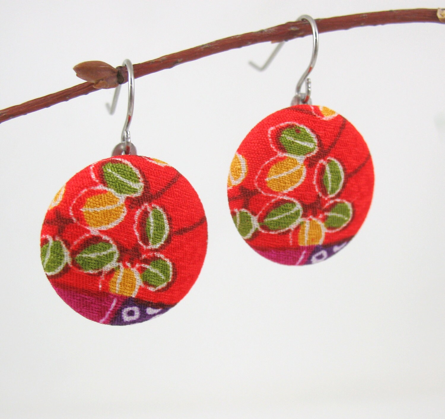 Kimono Covered Button Earrings Orange Floral by
