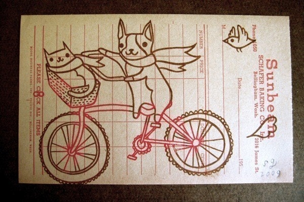 SUNBEAM gocco print, vintage paper, boston terrier, dog, cat and bird art print