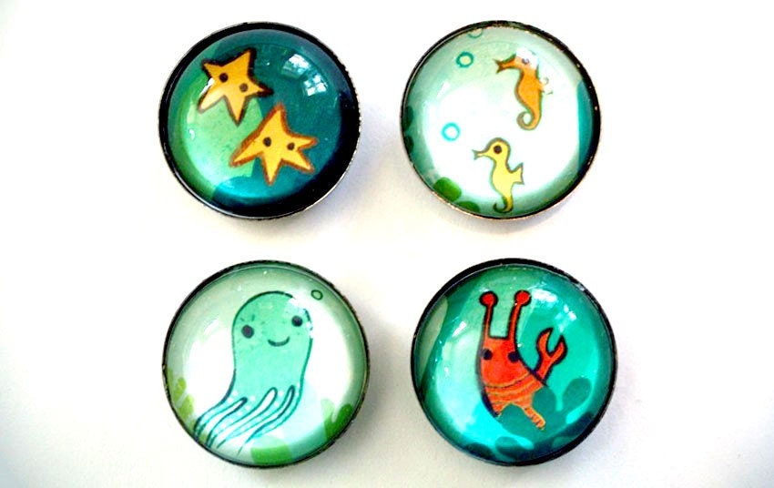 OCEAN ANIMAL magnet set of 4 by boygirlparty, fridge magnets - octopus squid starfish seahorse lobster glass magnets