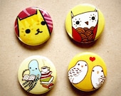 Cute ANIMAL buttons (set of 4) by boygirlparty - yellow animal pin badge - kawaii cute - cat owl octopus