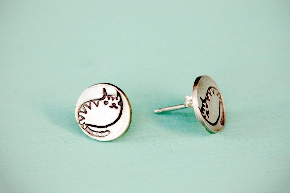 Tiny CAT EARRINGS by boygirlparty - silver cat stud earrings post earing animal earring