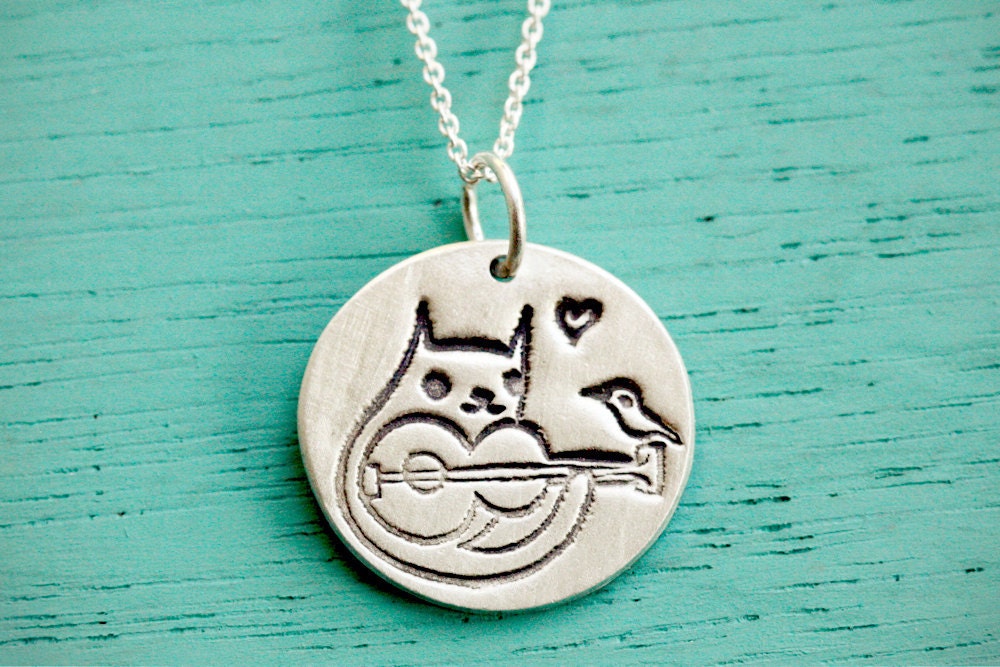 Guitar CAT NECKLACE - sterling silver handmade pendant - ukelele kitty kitten animal friendship love heart - cat jewelry