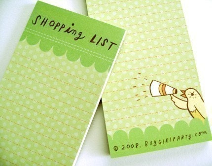 bird SHOPPING LIST by boygirlparty, 3x9 list memo with bird illustration, original art note pad bold colorful polka dot green grocery