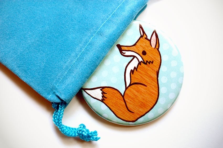 FOX pocket mirror - red fox woodland forest animal - sky blue polka dots - travel accessory compact