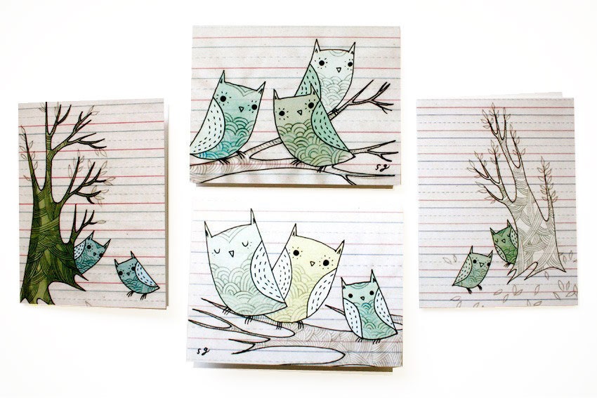 OWL NOTE CARDS (owl cards set) by boygirlparty, notecards owl illustrations - retro blank card, greeting card