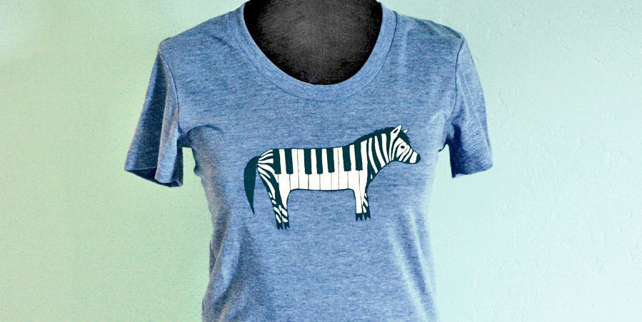 ZEBRA PIANO t-shirt (vintage blue) by boygirlparty, unique animal / music tshirt, many sizes - men women shirt