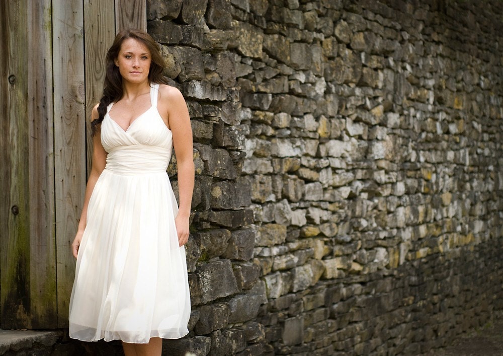 Sydney - Tea Length Eco Friendly Wedding Dress Surplice Bodice with Straps- Off White Silk Chiffon over Ivory Organic Cotton
