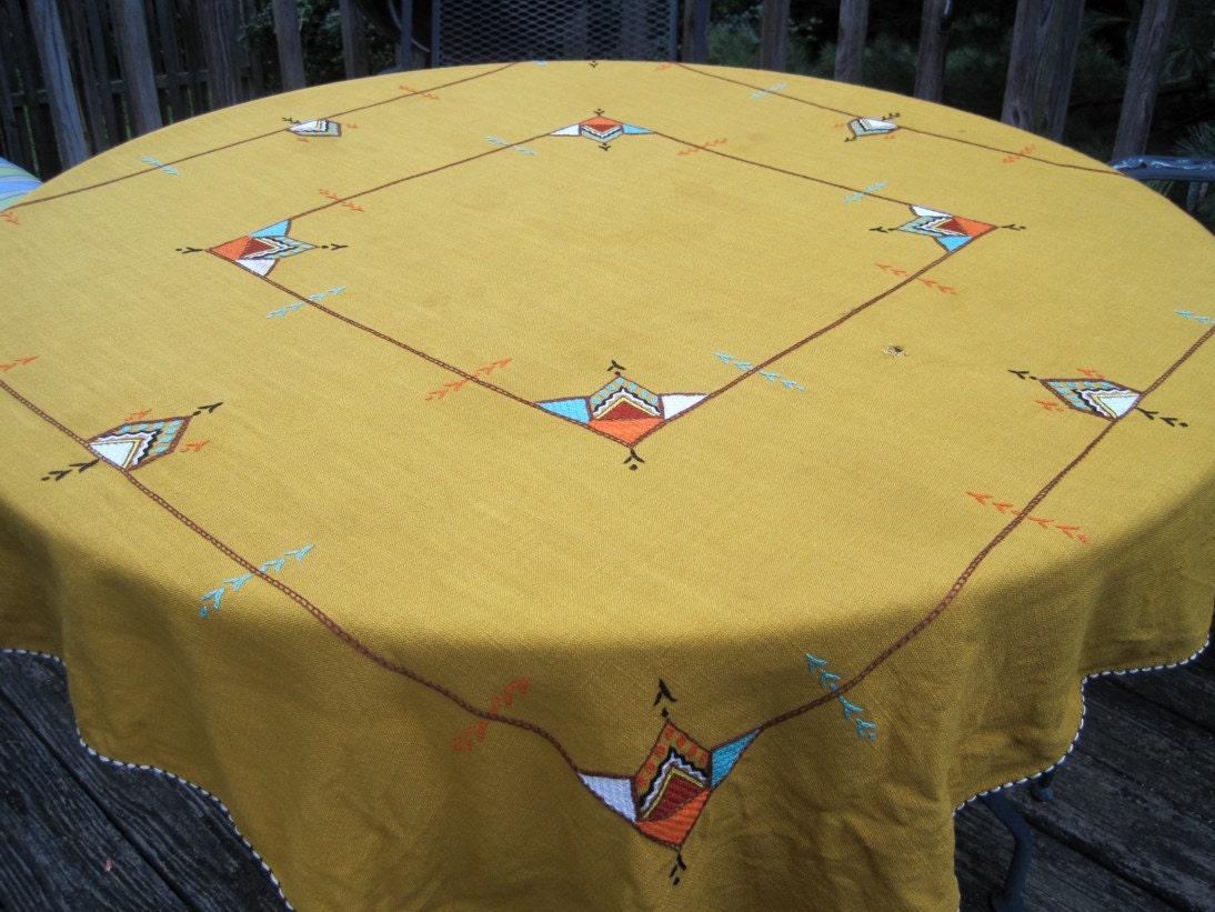 Tan Embroidered Cotton Tablecloth