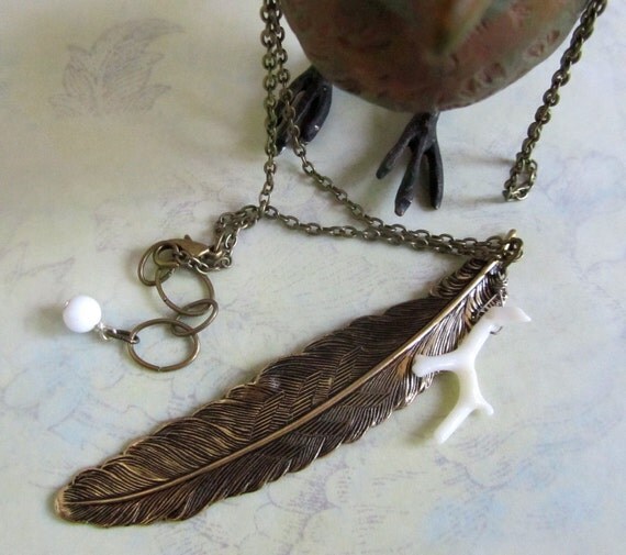 Feather and Bone brass and coral necklace