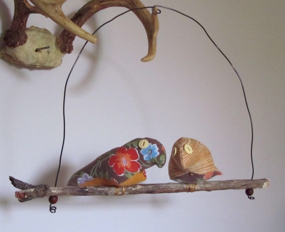Forest Friends Lovebird Pair vintage fabric hanging bird softies