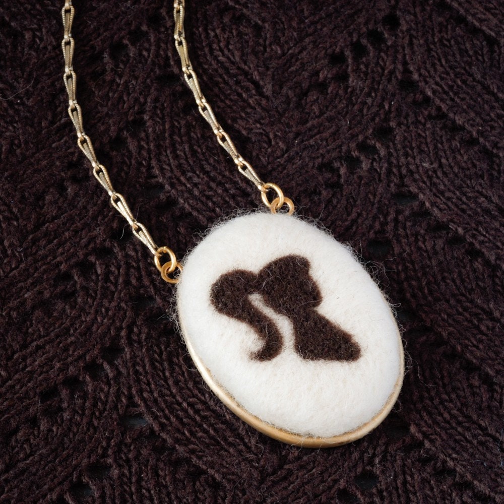 Ponytail Lady Cameo Necklace - Needle Felt - Victorian Silhouette