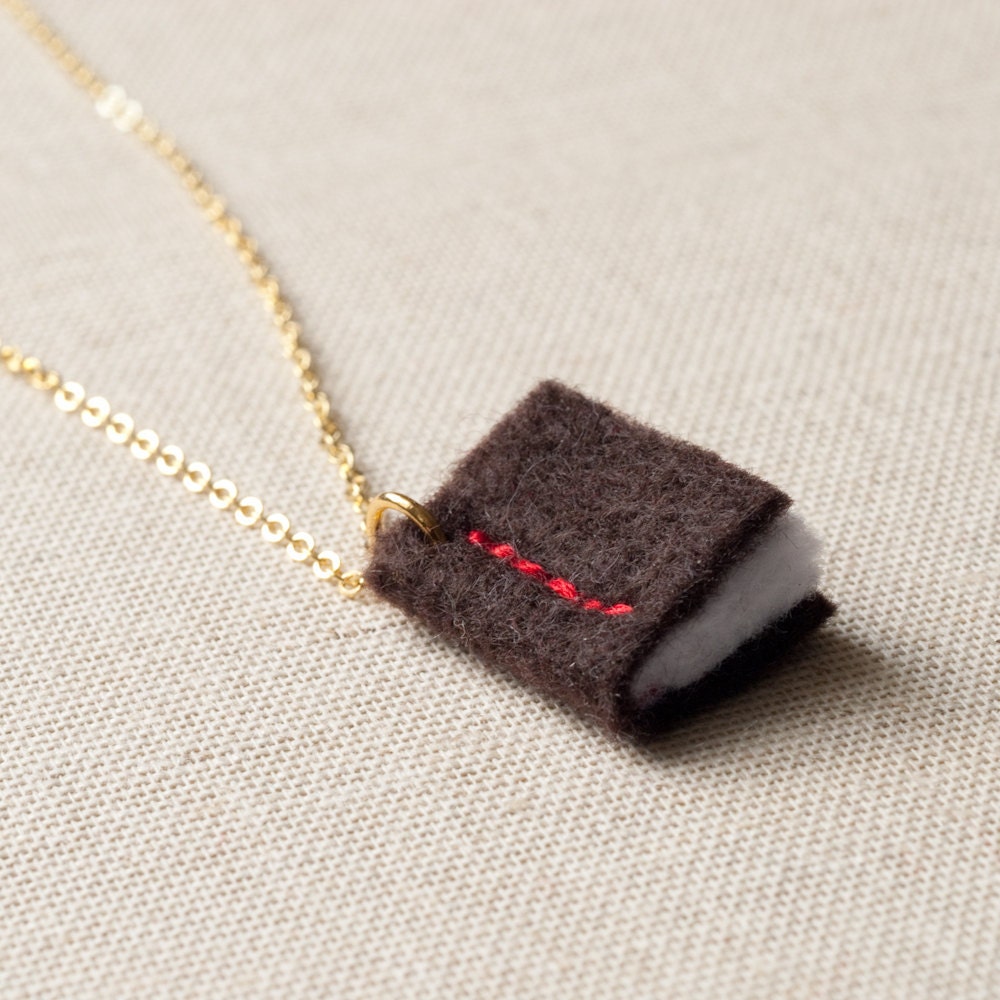 Book Pendant - Brown - Eco Felt Necklace - Vegan - Stitched