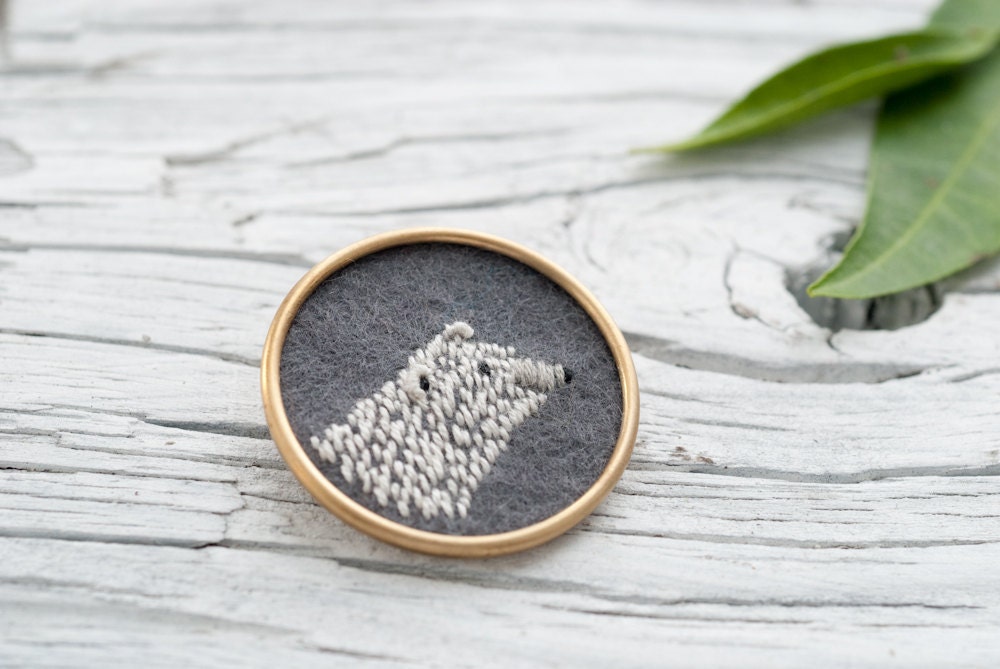 Polar Bear Embroidered Brooch - stitched portrait - brass circle