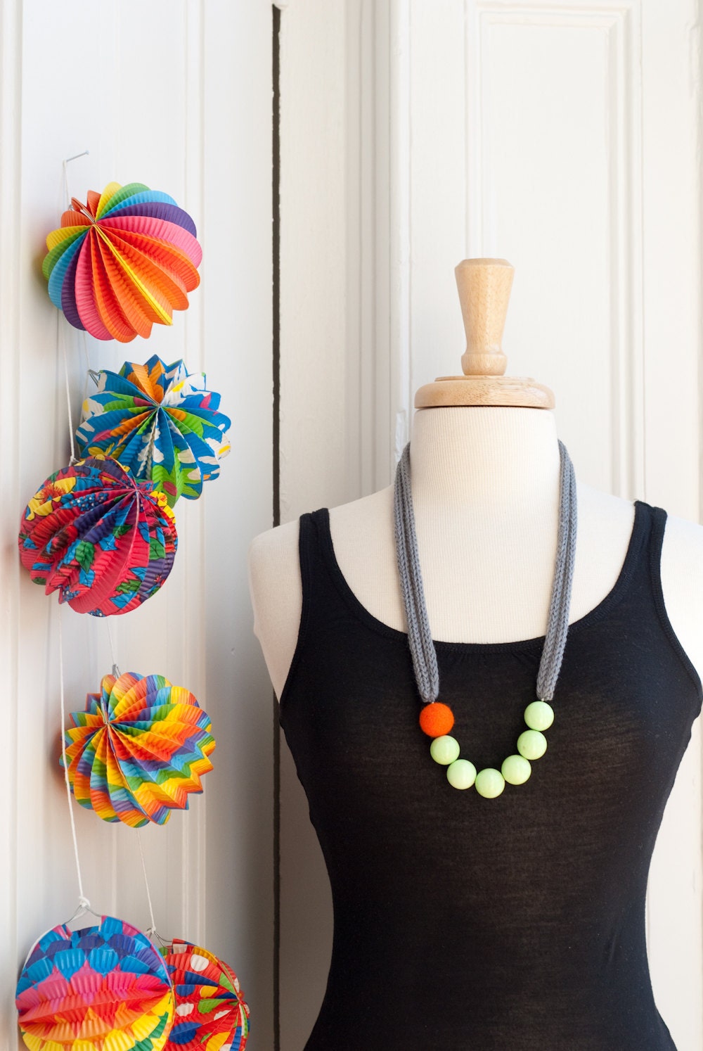 Color Story Bold Statement Necklace - Long Grey I-cord - Lime and Felt beads