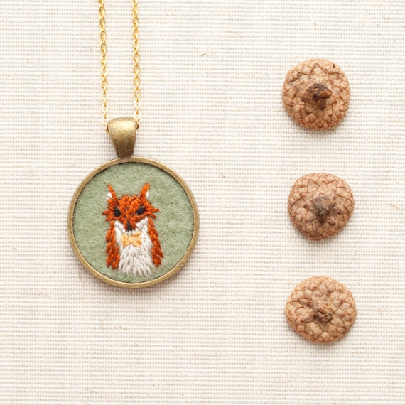 Embroidered Fox Felt Necklace with Bow Tie