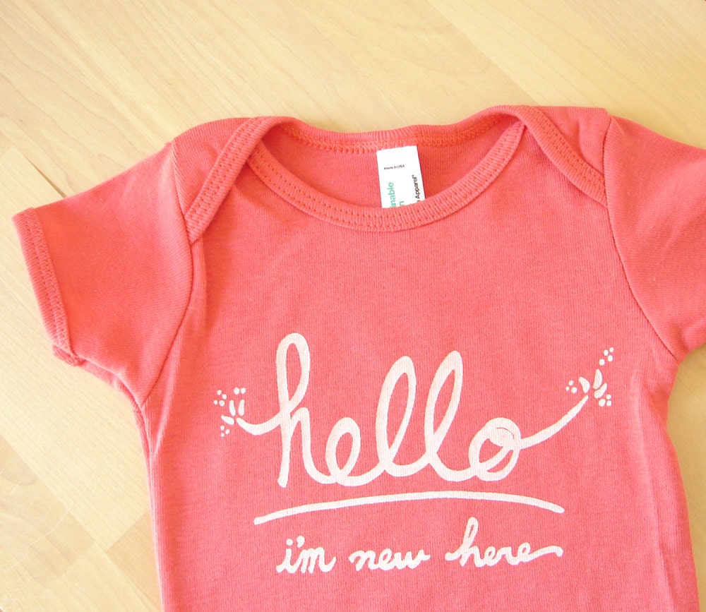 Hello I'm New Here - Funny text baby one piece (3-6 mo - coral)