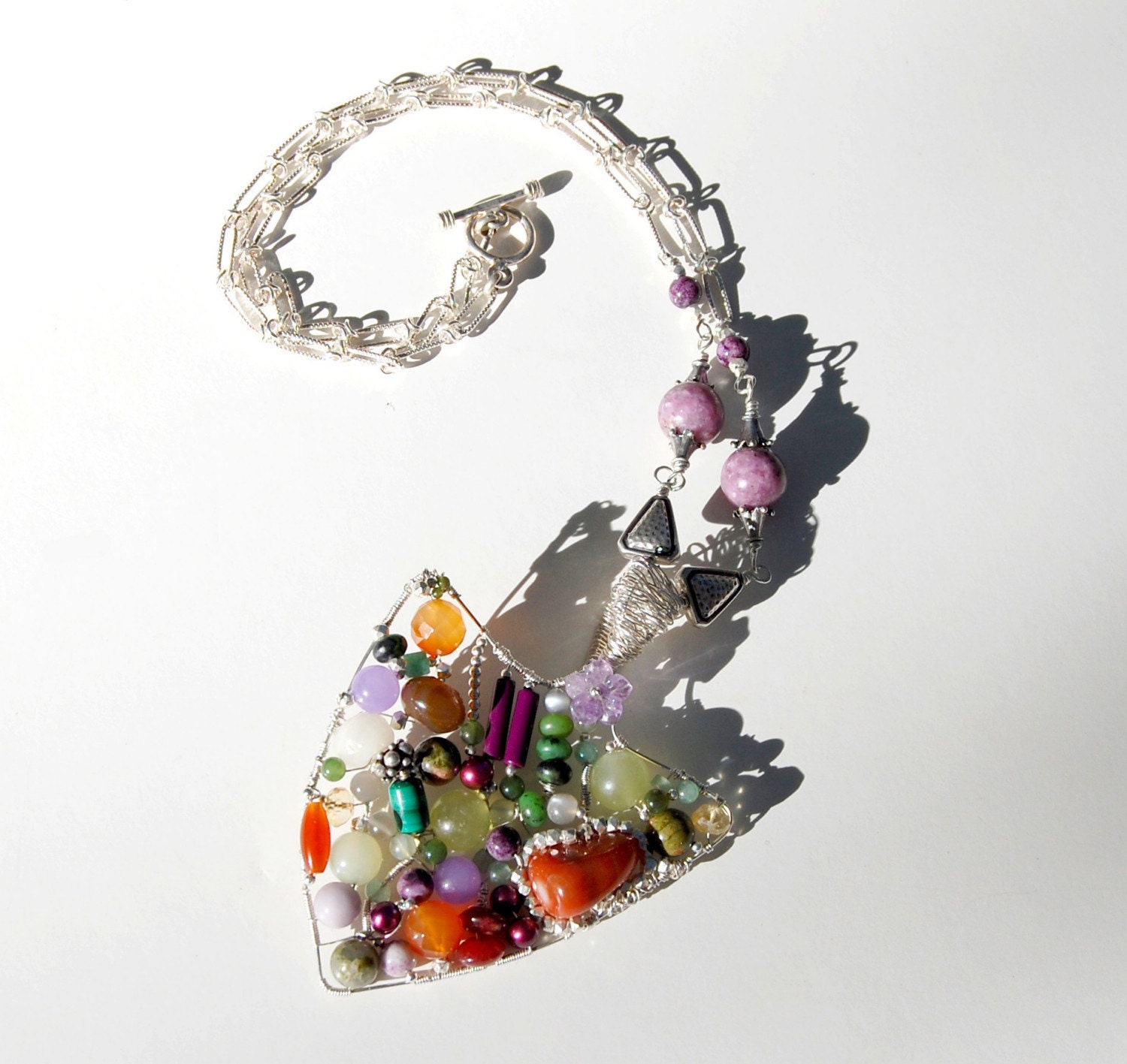 Huge Sterling Arrowhead Necklace - Wirewrapped  Mosaic with Gemstones