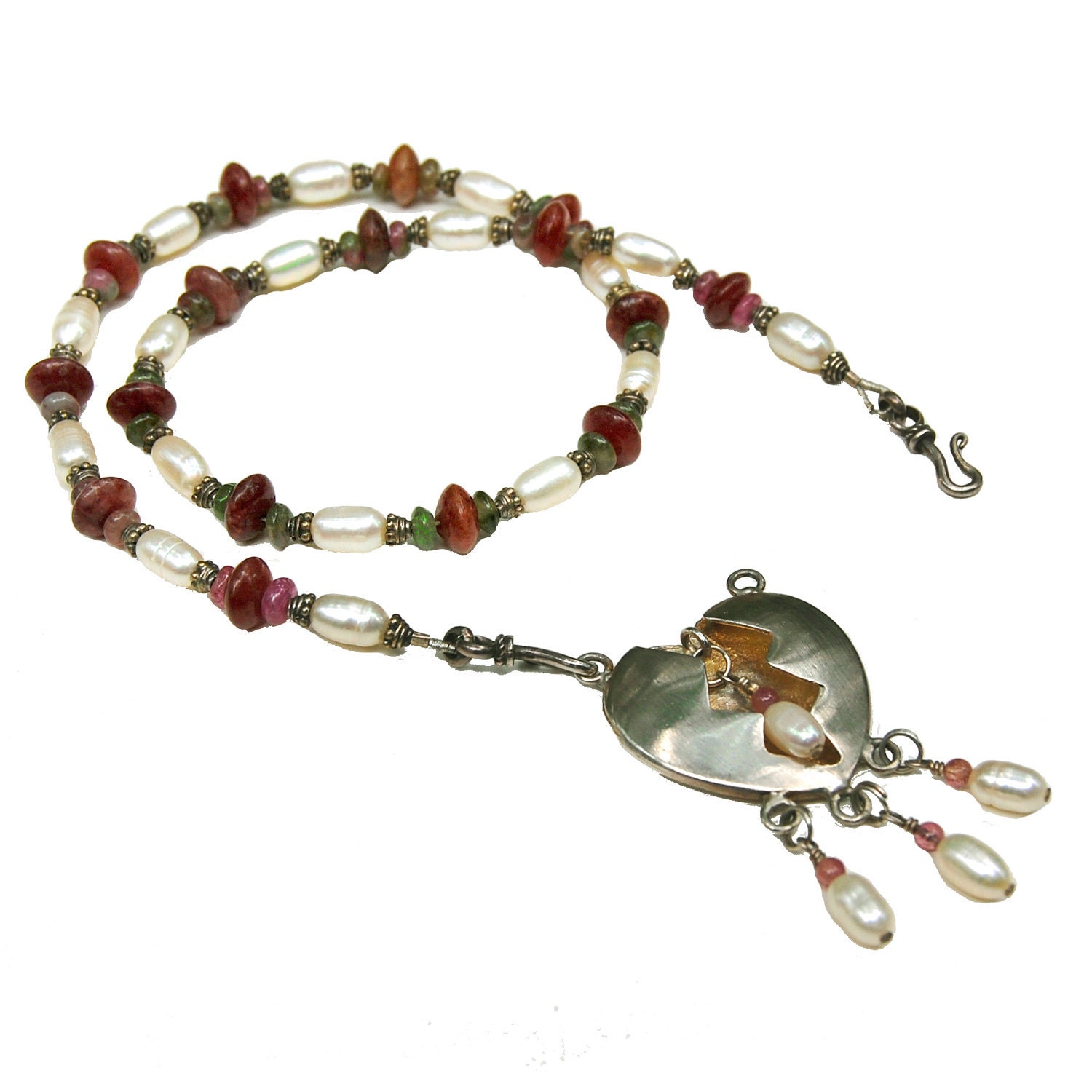 Symbolic Resilience Amulet Necklace Reframing the Broken Heart  - Sterling w/ Rubellite and Green Tourmaline & Freshwater Pearls