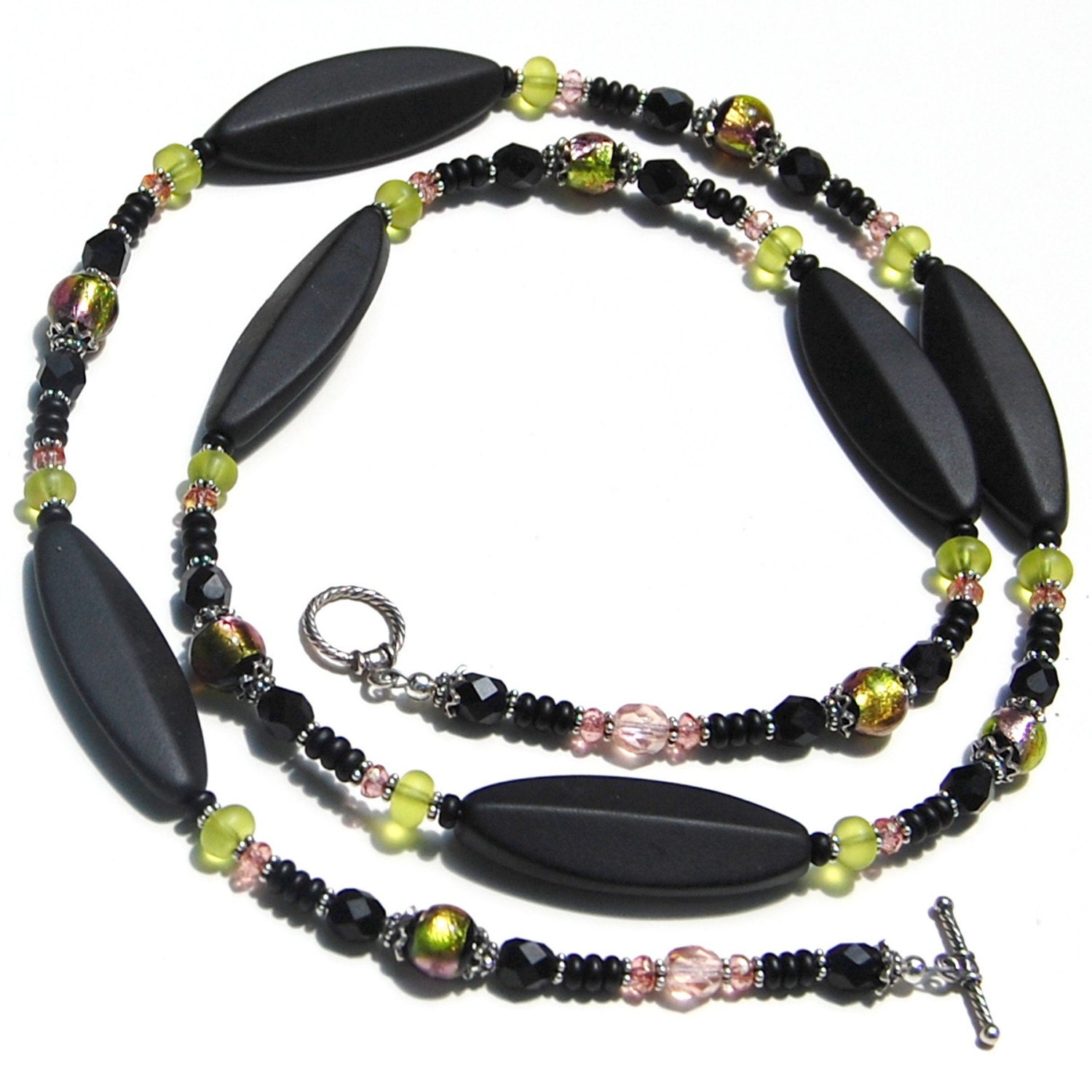Black, Pink, and Green Beaded Necklace