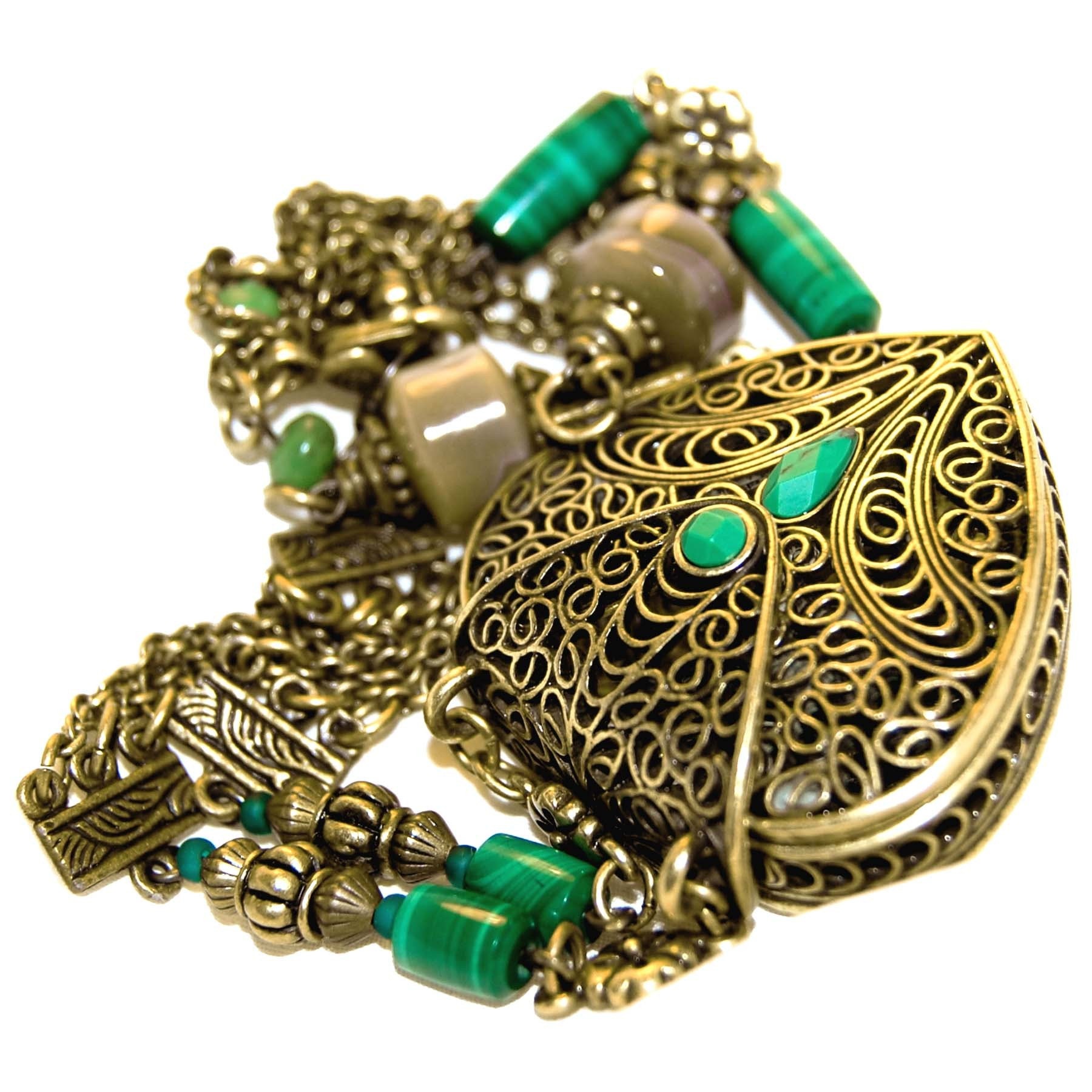 Large Detailed Brass Heart Locket Necklace with Genuine Gemstones