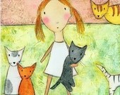 PRINT - Girl with Multiple Cats