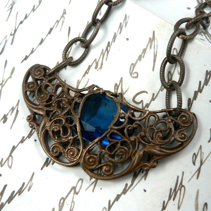 Teagan natural brass filigree necklace montana blue glass