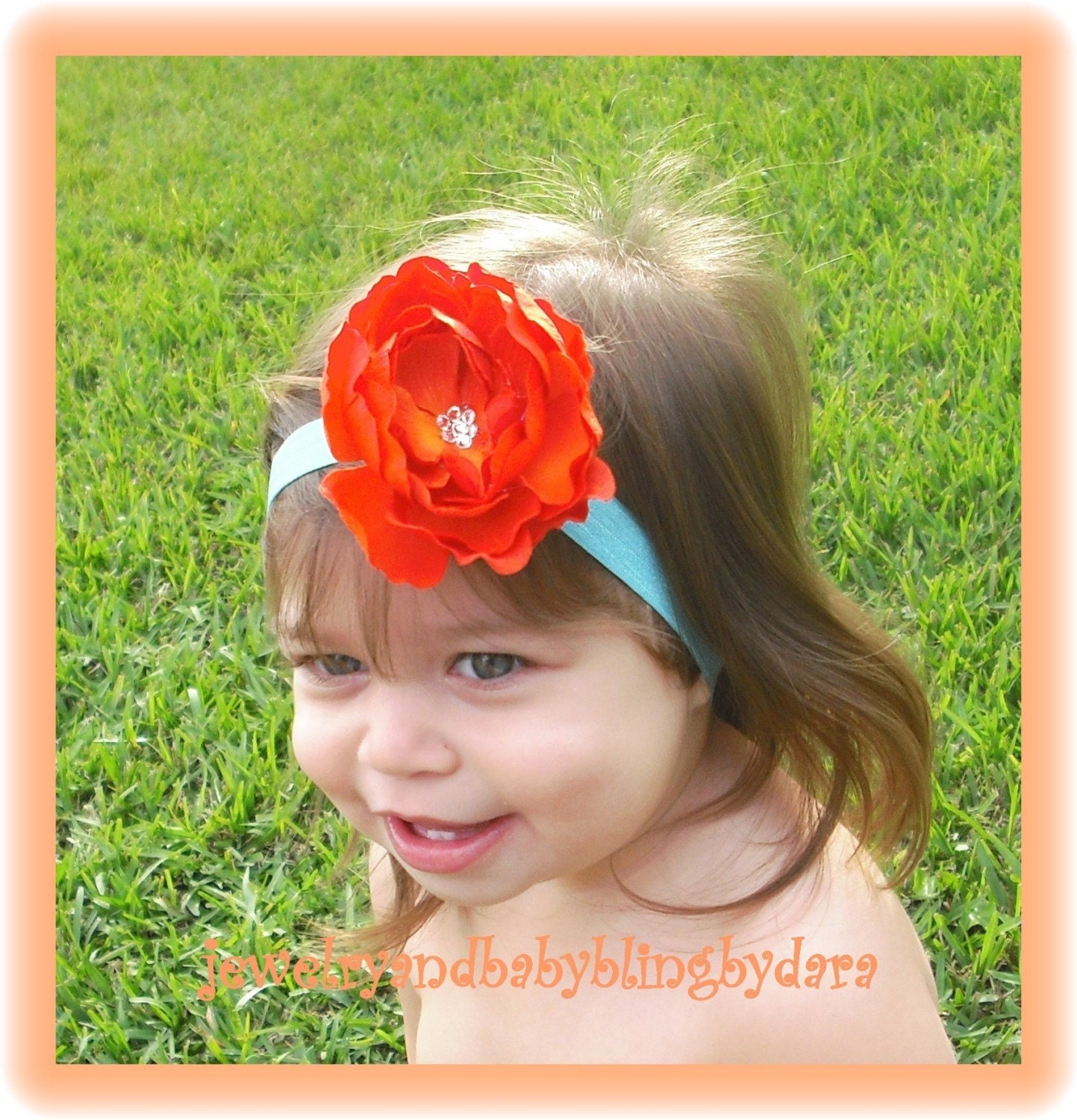 Orange Rosette Swarovski Crystal Center on Soft Stretch Ribbon Headband Fits Infants Toddlers Teens Tweens and Adults  ...Matching Mommy or Big Sister Clip also available